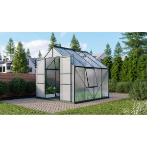 Vitavia Gewächshaus Meridian 2 6700 HKP 4mm Smaragd mit geöffneter Tür und Fenster.