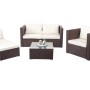 Braune Poly-Rattan Lounge-Garnitur Busto mit Creme Kissen, bestehend aus Sofa, Sessel, Liege und Tisch.