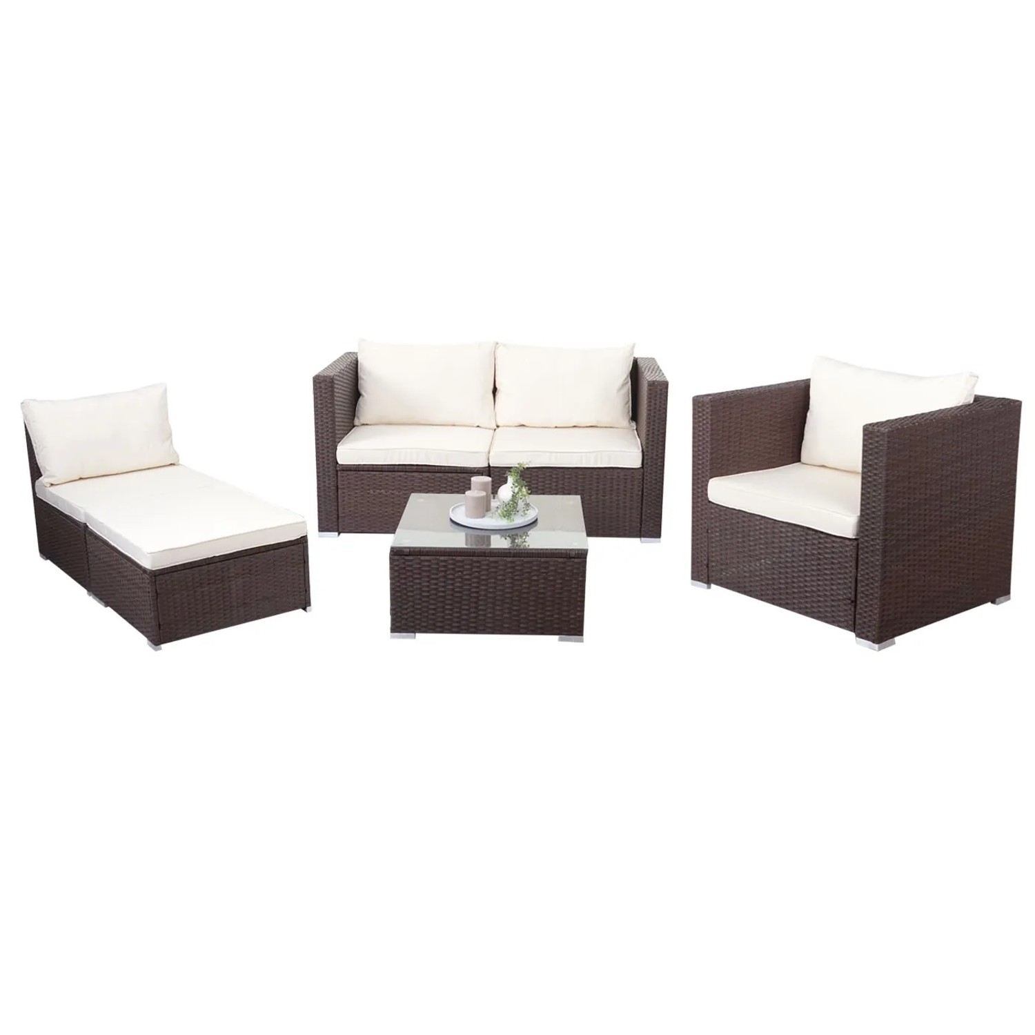 Braune Poly-Rattan Lounge-Garnitur Busto mit Creme Kissen, bestehend aus Sofa, Sessel, Liege und Tisch.