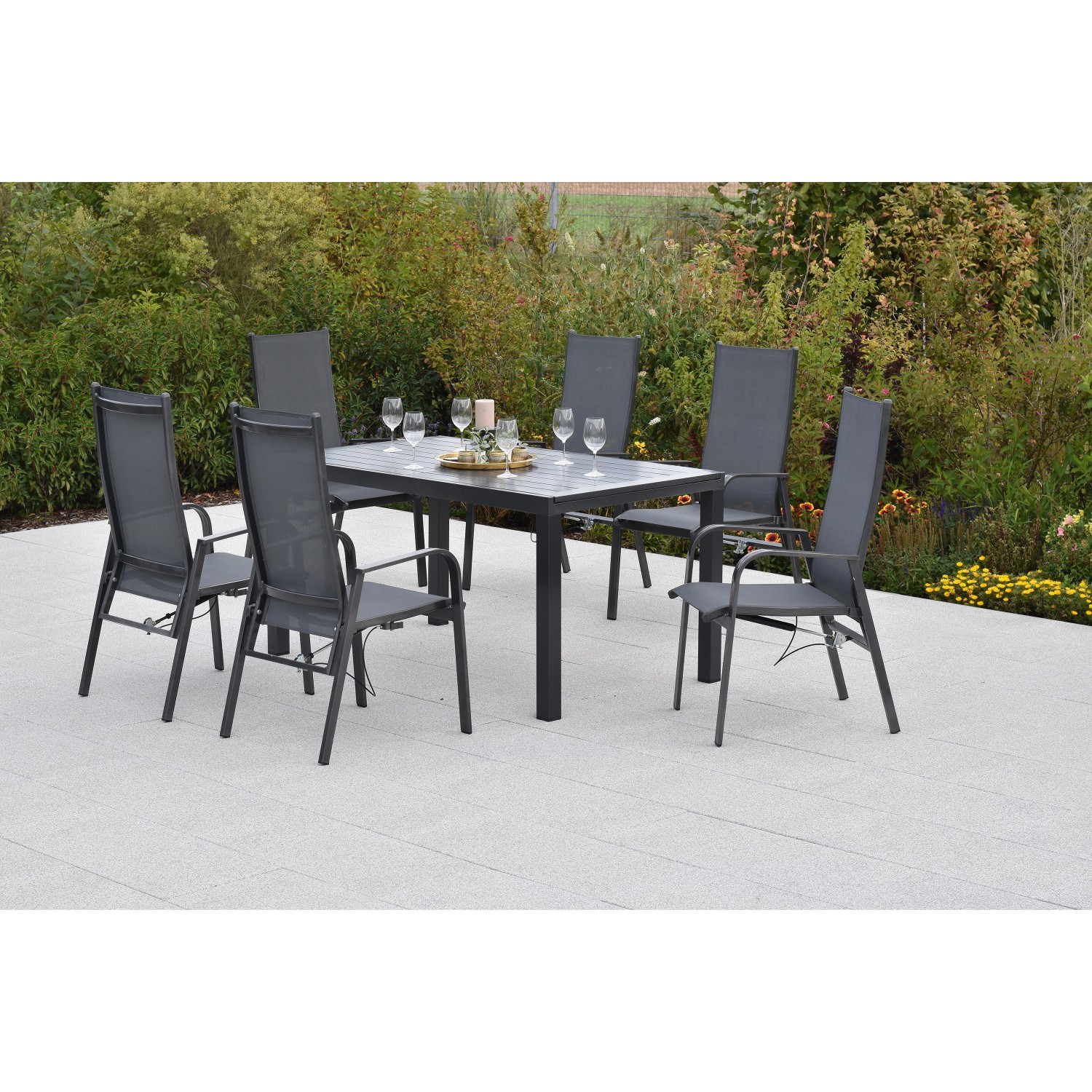 Merxx Alassio Set 7-tlg. 6 Sessel Gartentisch Ausziehbar 150 (210) x 90 cm günstig online kaufen