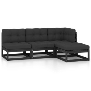 vidaXL Garten-Lounge-Set, 4-teilig, Kiefer massiv, schwarz mit anthrazitfarbenen Kissen.
