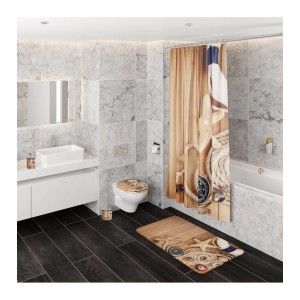 Bad mit maritimen Accessoires: Sanilo Badewannenstöpsel, Duschvorhang und Badematte mit nautischem Design.