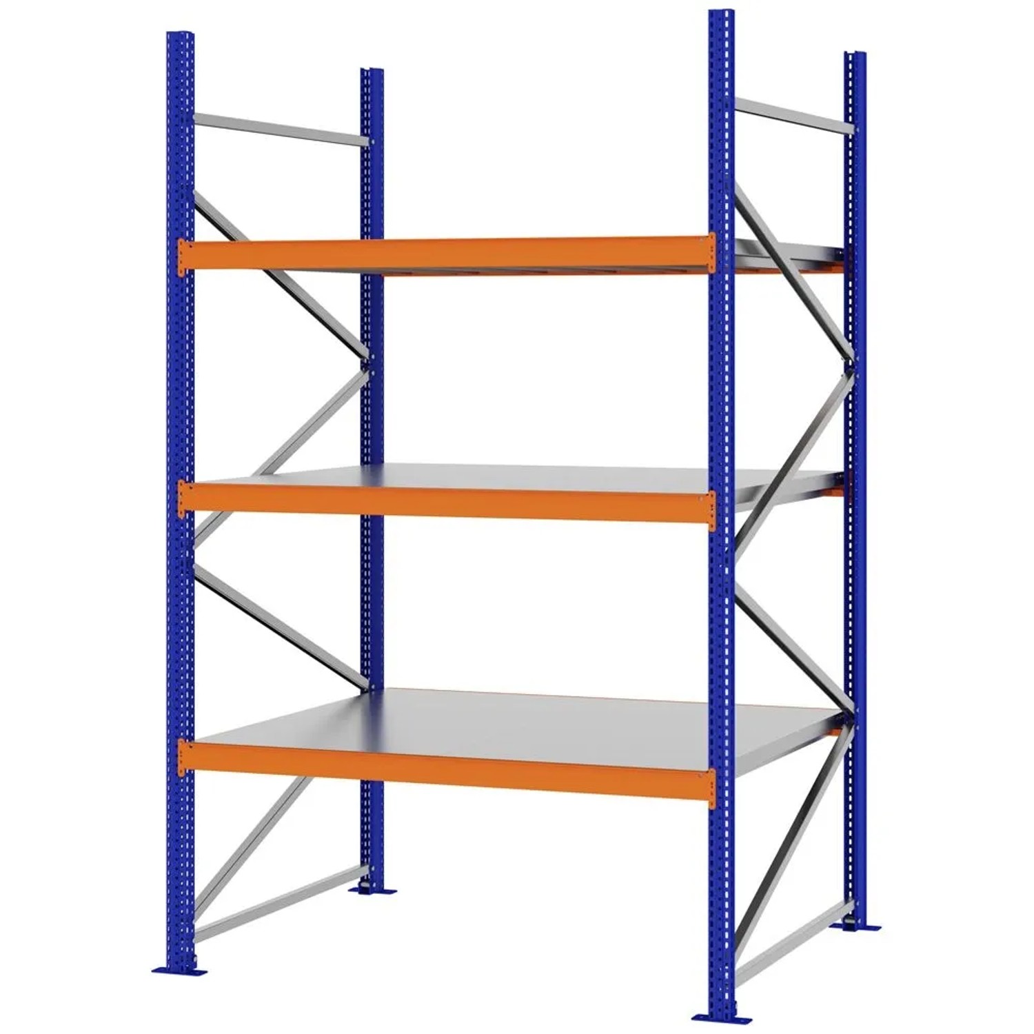 PROREGAL Weitspannregal Schraub-Stecksystem MAGNUS PRO Made In Germany Grundregal 250x150x100cm 3 Ebenen Stahlböden Fachlast 750kg Blau/Orange