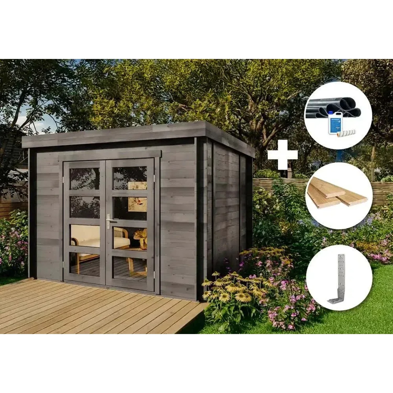 Graues Alpholz Gartenhaus Set Paloma Sol 304x304cm mit Zubehör, inkl. Dacheindeckung und Fußboden.