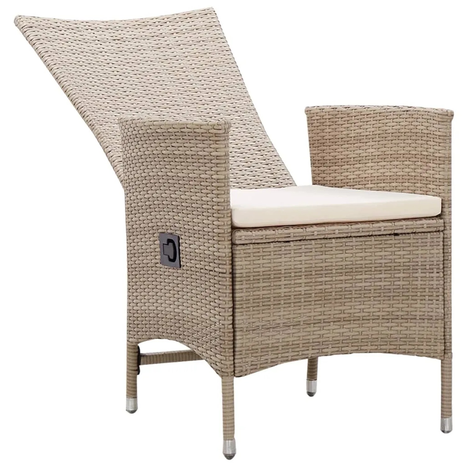 Beiger Gartenstuhl aus Rattan mit verstellbarer Rückenlehne und Sitzkissen, Teil der vidaXL Garten-Essgruppe.
