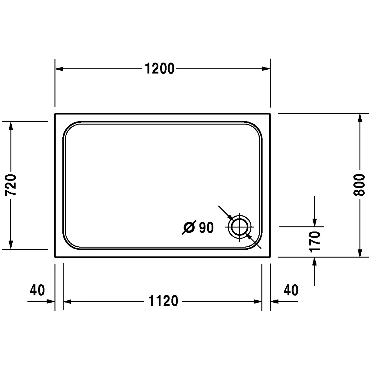 Technische Zeichnung der Duravit D-Code Duschwanne, 120x80 cm, mit Maßangaben.