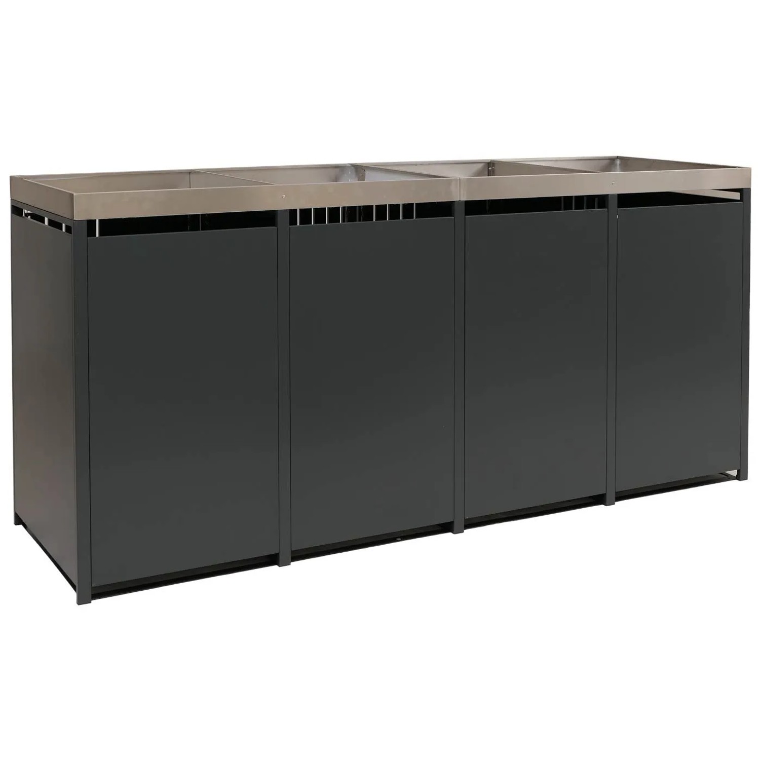 Anthrazitfarbene 4er-Mülltonnenverkleidung aus Stahl mit Edelstahl-Pflanzkasten. Moderne Mülltonnenbox für den Garten.