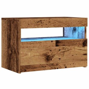 TV-Schrank Lowboard in Altholz-Optik mit blauer LED-Beleuchtung, offenem Fach und Tür. Holzwerkstoff.