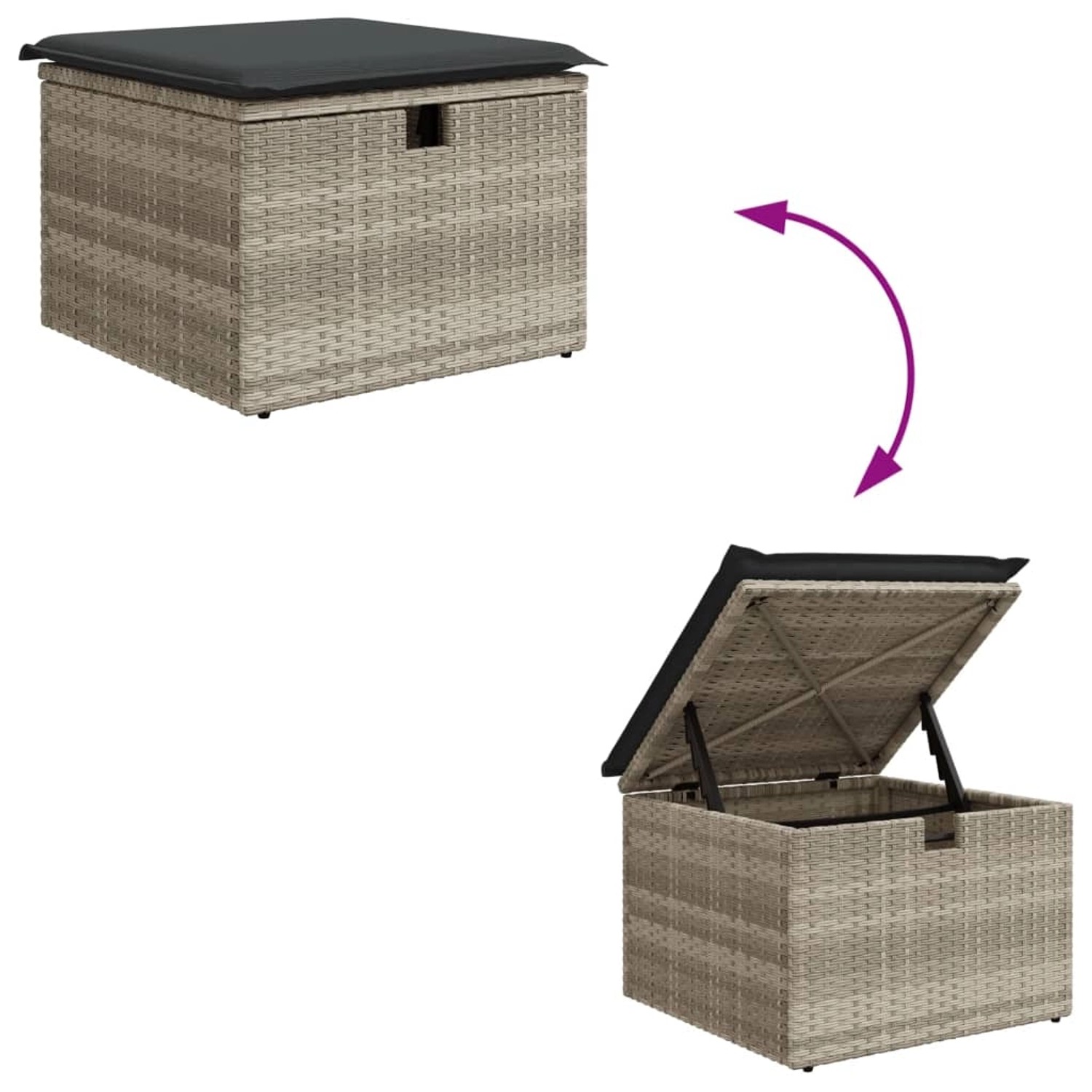 VidaXL Gartenhocker, hellgraues Poly Rattan mit Kissen, als Sitzhocker oder Aufbewahrungsbox nutzbar.