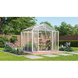 Gewächshaus Vitavia Zeus Comfort 6200 mit HKP-Verglasung und offenstehender Doppelflügeltür im Garten.