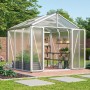 Gewächshaus Vitavia Zeus Comfort 6200 mit HKP-Verglasung und offenstehender Doppelflügeltür im Garten.