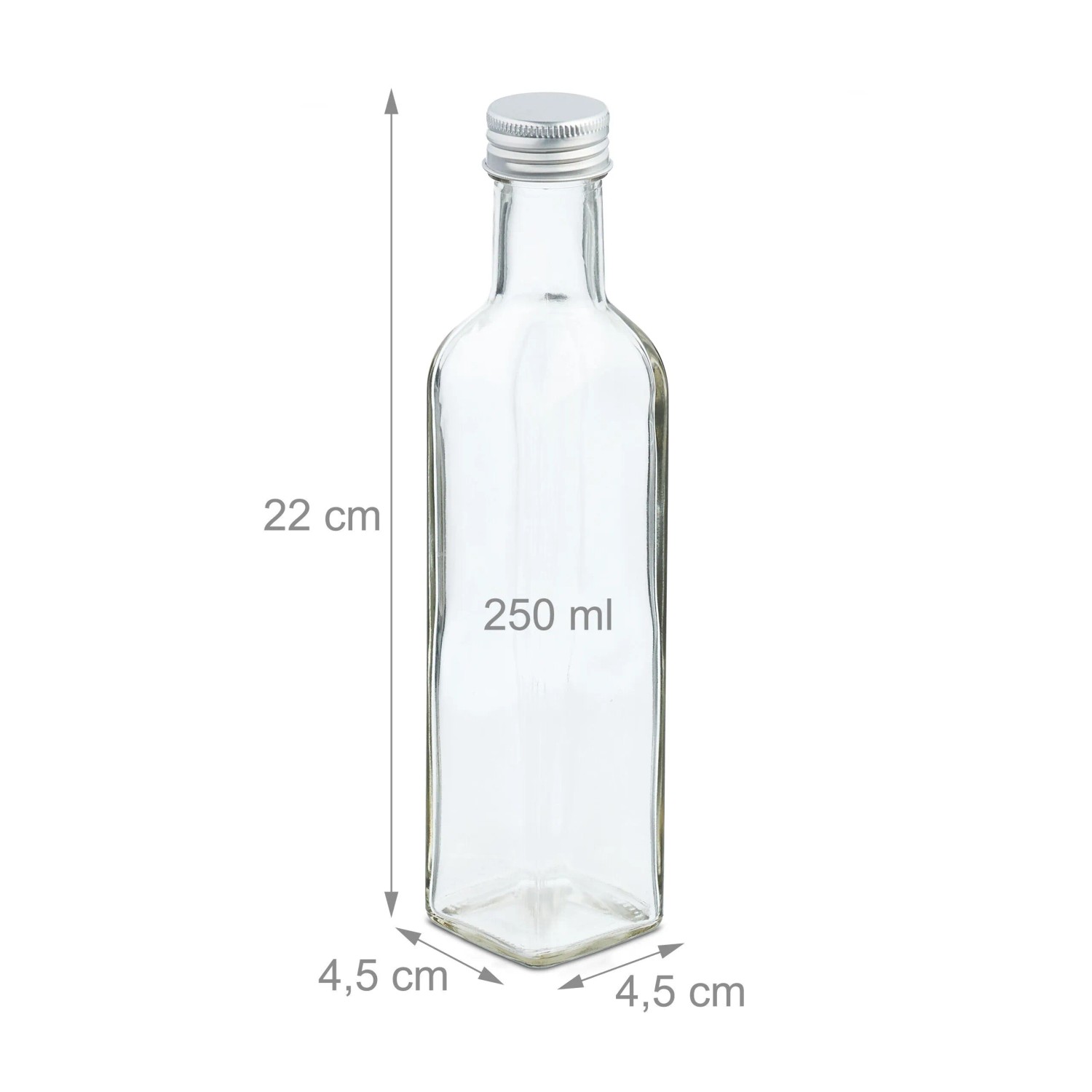 Transparente Glasflasche mit silberfarbenem Schraubverschluss, 250 ml, mit Maßangaben.