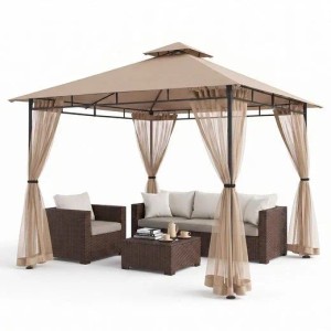 Taupe Pavillon 3x3m mit Doppeldach, Moskitonetz und Metallrahmen. Ideal für Garten & Terrasse als Sonnenschutz.