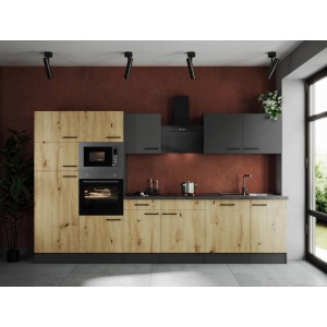Respekta Küchenzeile Oliver 340 cm in Artisan Eiche/Grau Matt mit E-Geräten.