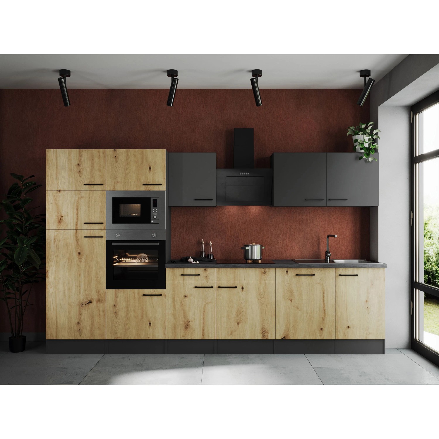Respekta Küchenzeile Oliver 340 cm Artisan Eiche / Grau Matt