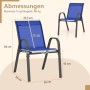 Blauer Gartenstuhl mit Metallgestell und Stoffbespannung, Maße und 150 kg Tragfähigkeit. Stapelbarer Terrassenstuhl.