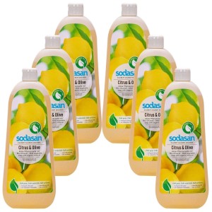 6 Sodasan Citrus-Olive Flüssigseifen, 1 Liter, gelbe Flaschen mit Zitronen-Etikett. Milde Reinigung für Hände & Körper.