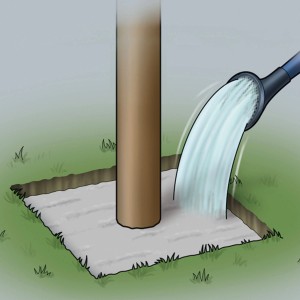 Sakret Mörtel Setz-Fix: Pfosten wird mit Wasser aus Gießkanne im Schnellbeton fixiert.