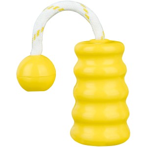 Gelbes Trixie Dog Activity Wasserspielzeug mit Seil und Ball für Hunde.