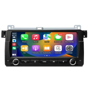 Junsun Autoradio für BMW E46, schwarz, mit großem Touchscreen. Zeigt Navigations- & App-Symbole. Mit Bluetooth & WLAN.