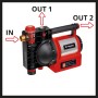 Einhell GE-GP 1246 N FS Gartenpumpe mit Anschlüssen (IN, OUT1, OUT2) für Bewässerung. Elektro-Pumpe in Rot/Schwarz.