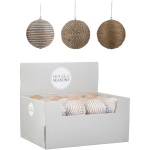 Braune Weihnachtskugeln (Ø 8 cm) aus Schaumstoff mit Band-Umwicklung im Karton.