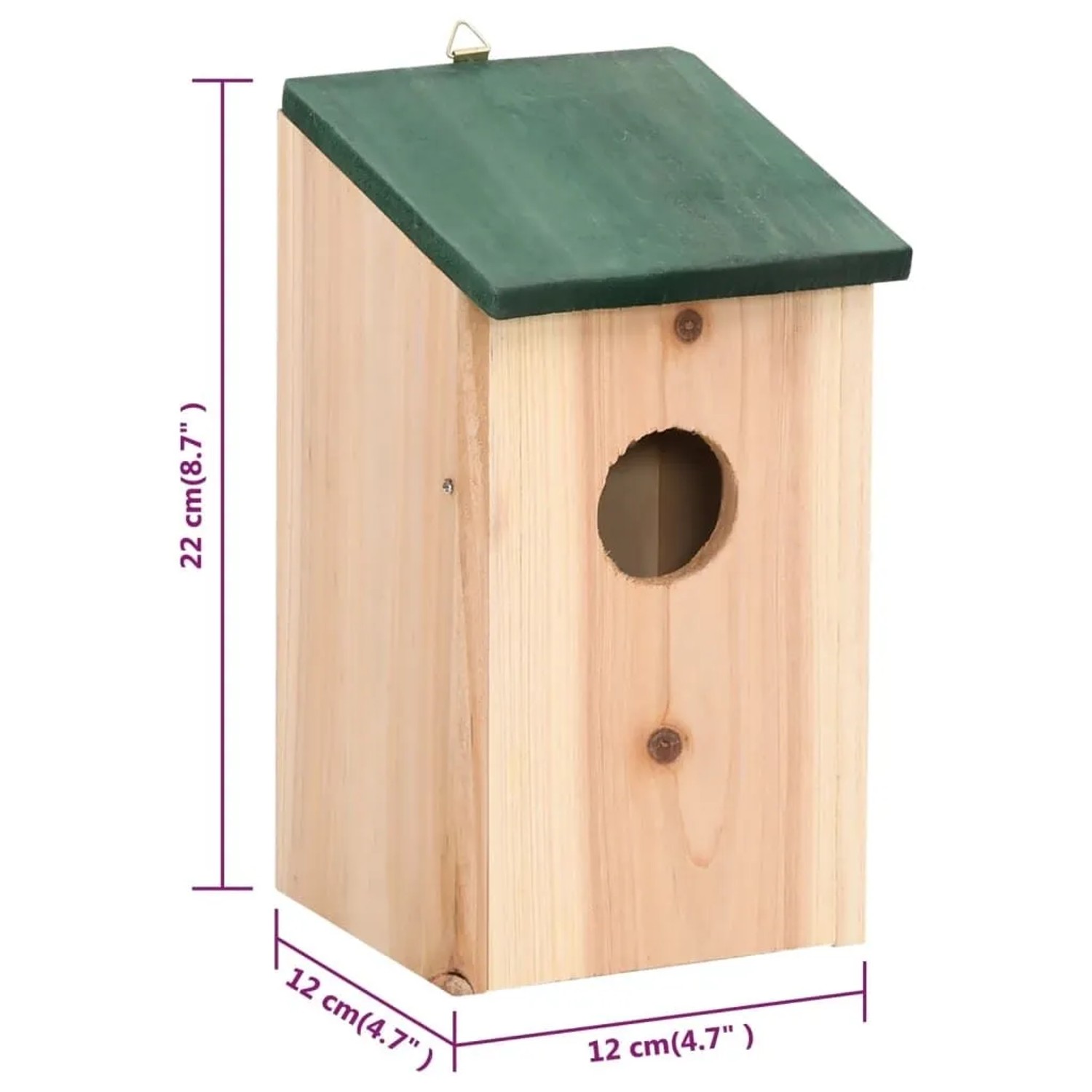 Holz-Vogelhaus mit grünem Dach zum Aufhängen, Detailaufnahme.