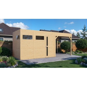 Bertilo Holz-Gartenhaus Cubus 3 Lounge aus FSC®-zertifiziertem Holz mit Überdachung.