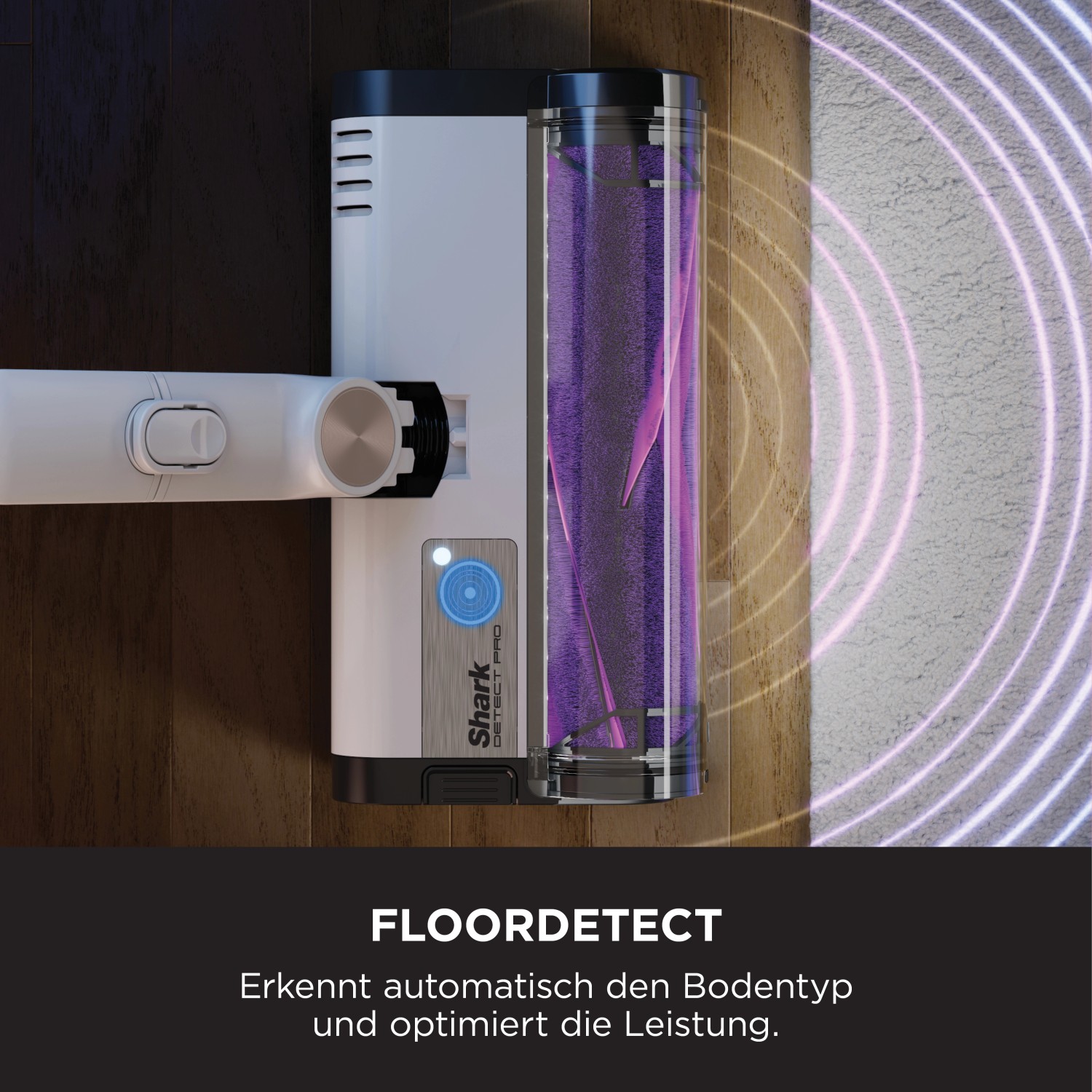 Shark Akkusauger Detect Pro mit FloorDetect Technologie zur automatischen Bodenanpassung.