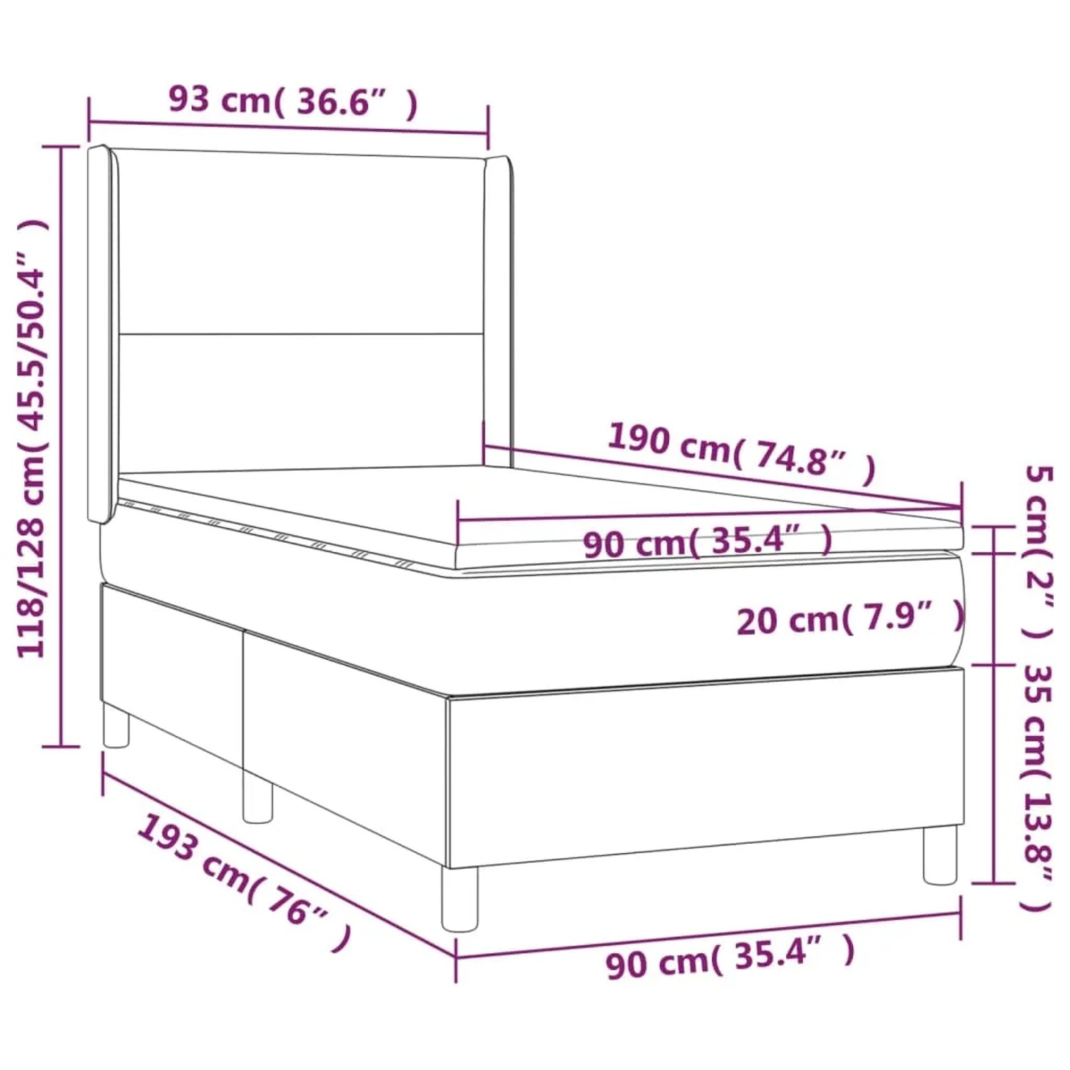 vidaXL Boxspringbett schwarz, 90x190 cm, Stoff. Bett mit Matratze und Kopfteil. Schemazeichnung mit Maßen.