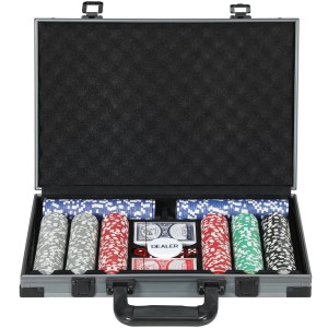 SPORTNOW Pokerset im grauen Koffer: Chips, Karten, Würfel und Dealer-Button für Casino-Spiele.
