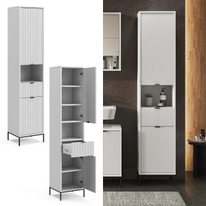 Weißer Vicco Badschrank Eliza, 40x190 cm, mit Türen, Schublade und geriffelter Front.