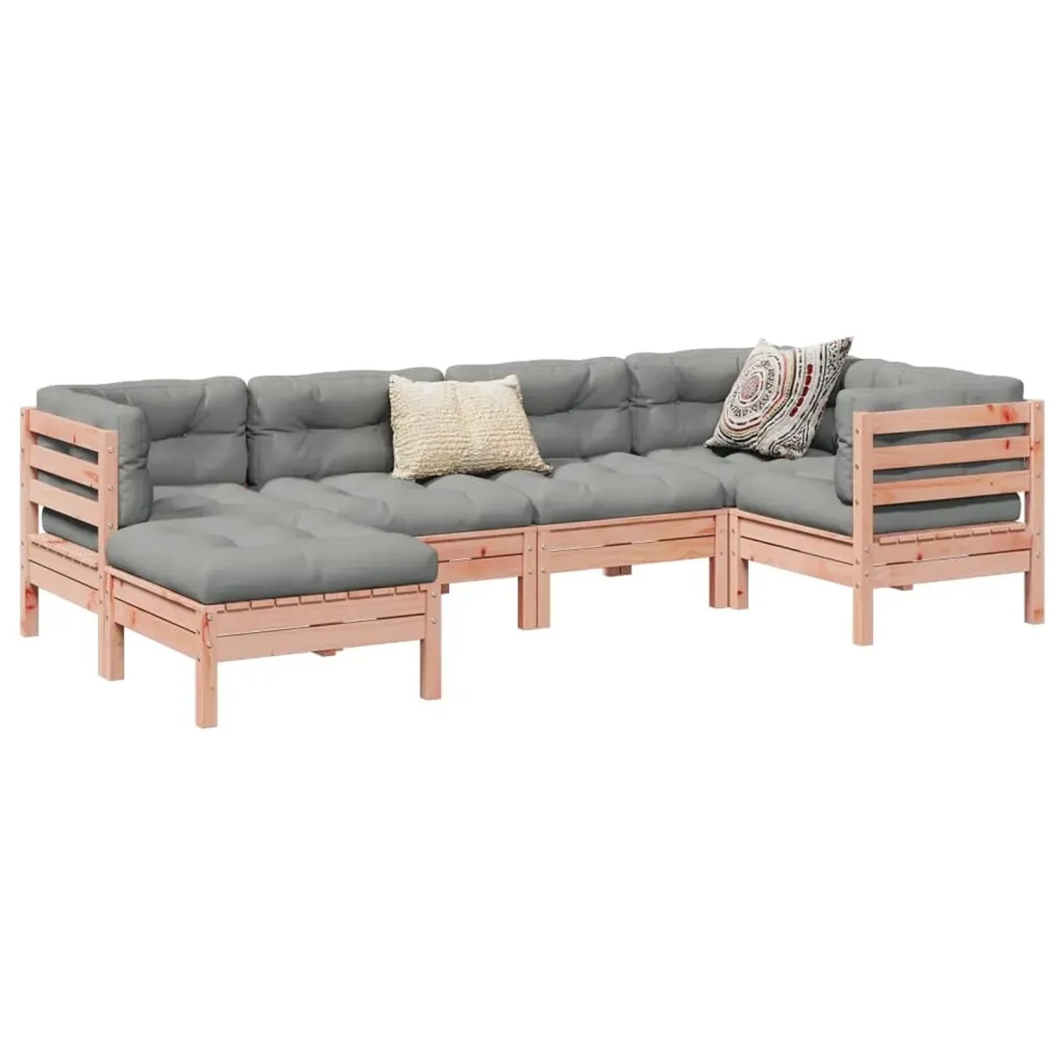 6-teilige Garten-Sofagarnitur aus Douglasie mit grauen Kissen. Modulares Lounge-Set für Terrasse und Garten.