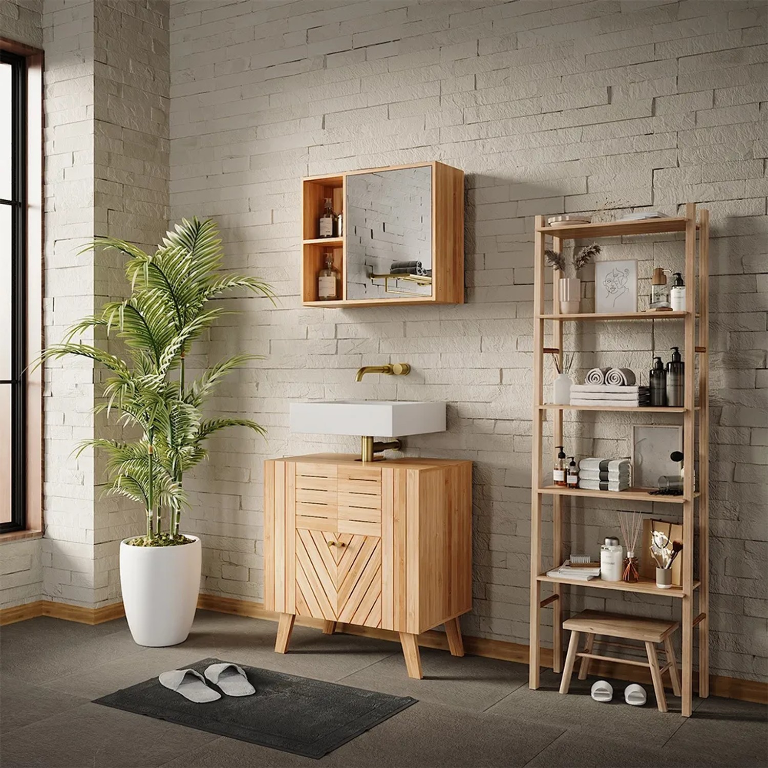 Vicco Waschbeckenunterschrank Lucie Bambus (60x65 cm) mit 2 Türen im Badezimmer.