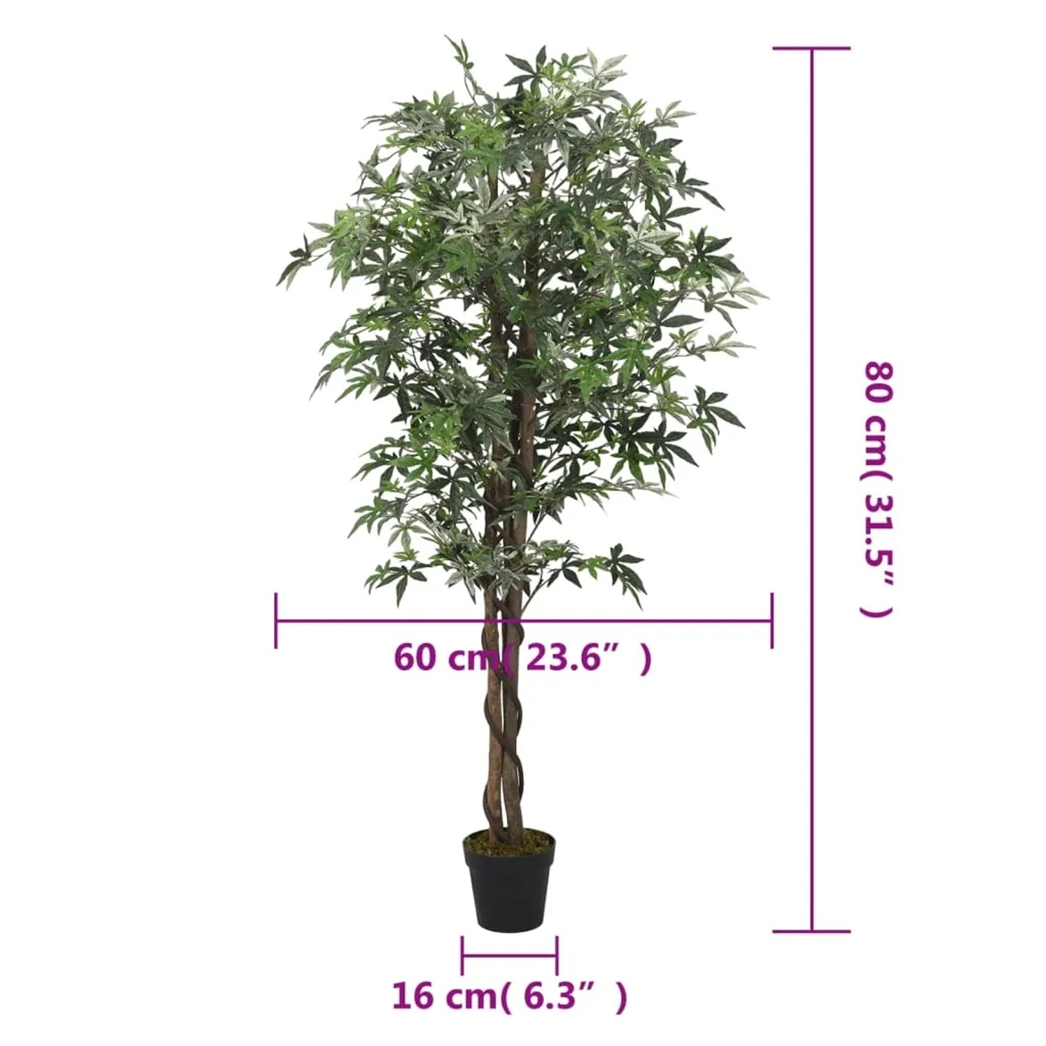 Künstlicher Ahornbaum, 80 cm hoch, mit 224 grünen Blättern im schwarzen Topf.