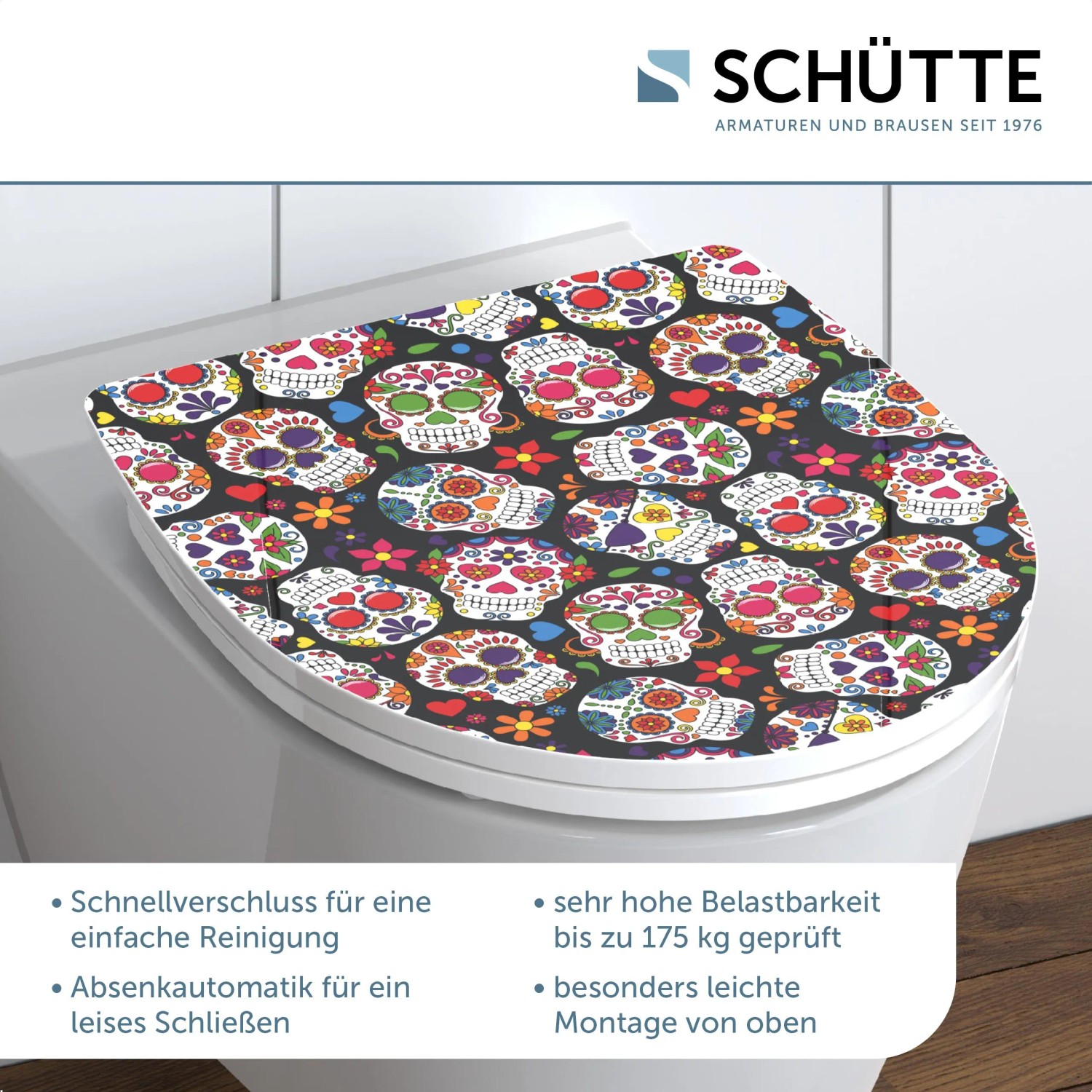 Schütte WC-Sitz Crazy Skull mit Absenkautomatik und Schnellverschluss auf WC-Becken.
