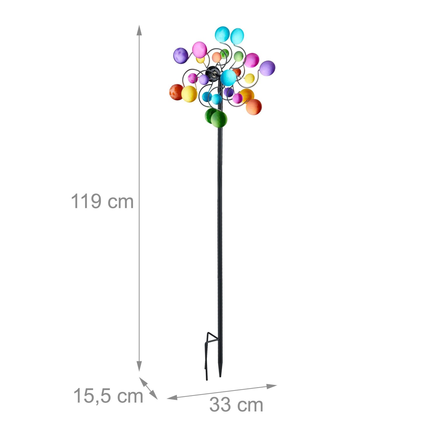 Buntes Relaxdays Windrad aus Eisen mit zwei farbigen Rädern und Erdspieß, 119 cm hoch. Dekorative Gartendeko.