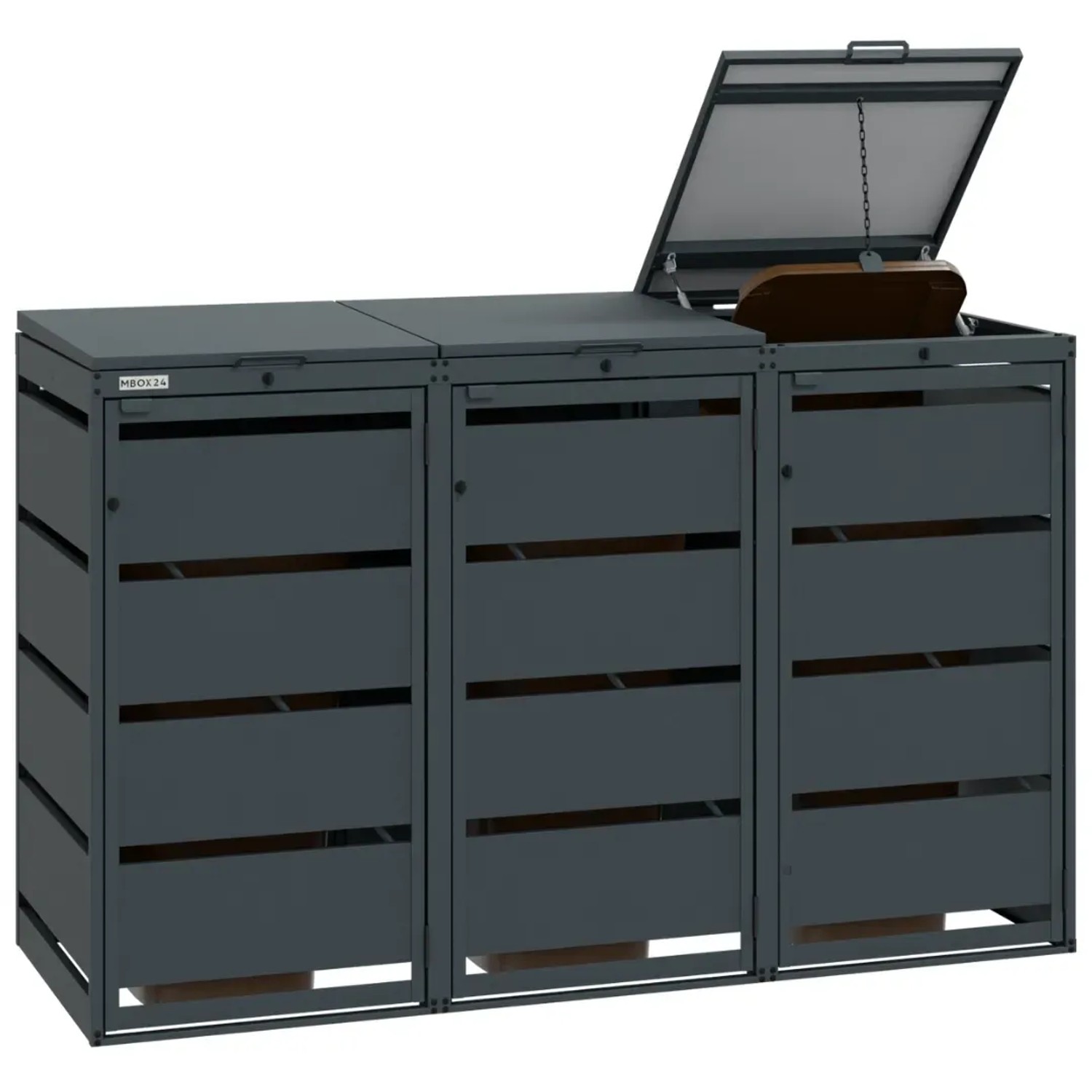 MBOX24 Classic Mülltonnenbox für 3x 120L Mülltonnen, anthrazitfarbener verzinkter Stahl, robust & wetterfest.