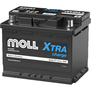 Schwarze MOLL Xtra Charge 12V 64Ah Starterbatterie für Autoelektrik. Mit zwei Polen, Made in Germany.