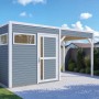 Bertilo Holz-Gartenhaus Cubus 2 Lounge hellgrau mit Überdachung, Weekendhaus aus FSC®-zertifiziertem Holz.