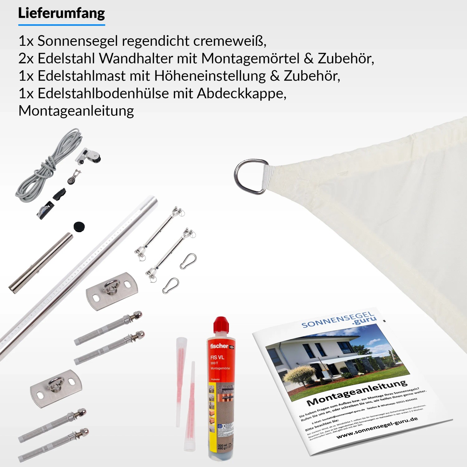 Toldoro Sonnensegel Komplettset 6x6x6m Cremeweiß mit Zubehör, Mast, Halterung und Montageanleitung.