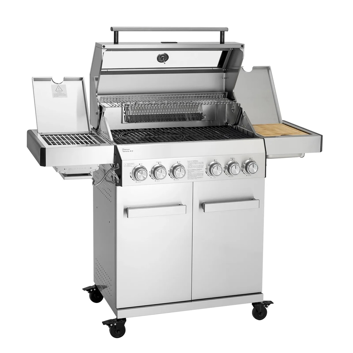 Taino Platinum Yamara 4+2 Gasgrill Set mit 4 Brennern, Sear-Burner, Backburner und Edelstahlhaube.