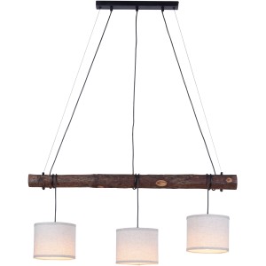 Rustikale Pendelleuchte Bark mit Holzdekor und drei Lampenschirmen.