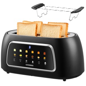 Schwarzer Steinborg 4-Scheiben Toaster mit Touch-Display und Brötchenaufsatz.