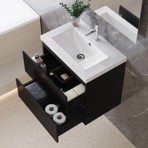 AICA Waschtisch Aalst, 60 cm, mit offenem Unterschrank in Schwarz Hochglanz. Badmöbel-Set.
