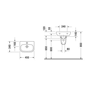 Technische Zeichnung: Duravit Handwaschbecken 45 cm, D-Code, weiß, Maße und Details.