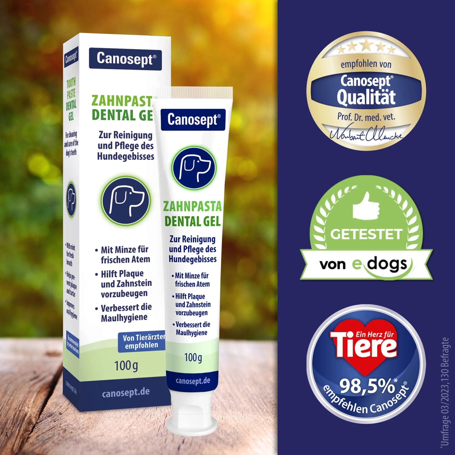 Canosept Dental Gel für Hunde, 100g Tube und Verpackung. Hunde-Zahnpflege für Maulhygiene und frischen Atem.