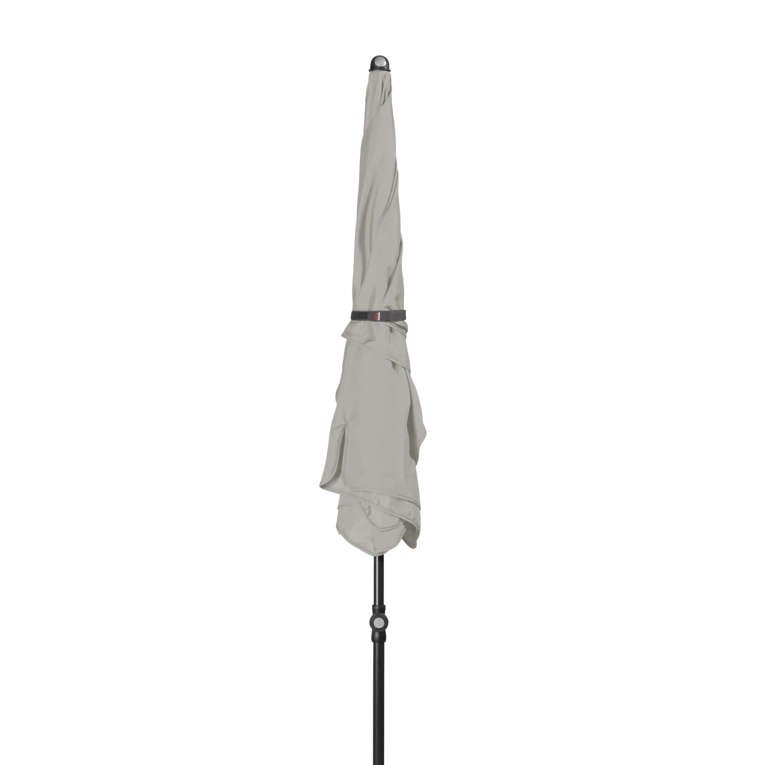 Geschlossener, hellgrauer Doppler Balkonschirm Waterproof 115x188 cm mit Push-Up Mechanik.