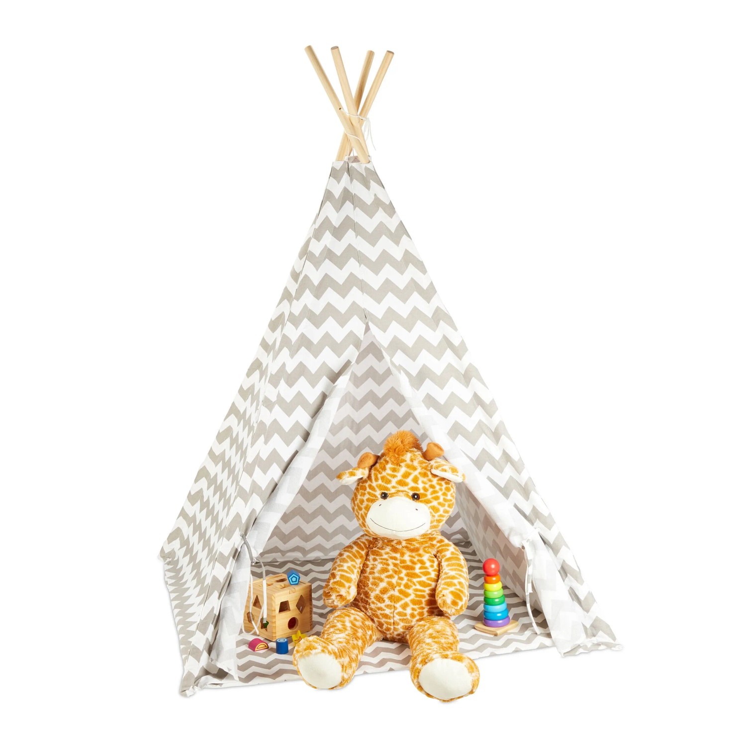 Relaxdays Tipi Zelt Leinen Holz Weiß Grau Gepolstert 160 cm x 115 cm x 115 cm 3,3 kg