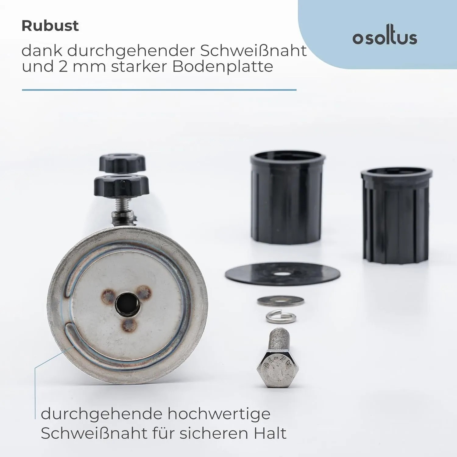 osoltus Edelstahl Universal Standrohr für Sonnenschirmständer. Robuste Schweißnaht, Reduziereinsätze & Befestigungsschraube.